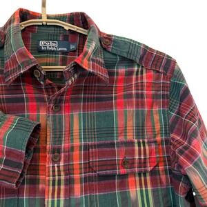 Polo‎ Ralph Lauren Shirt Men Plaid Epaulette Military Long Sleeve Large VTG